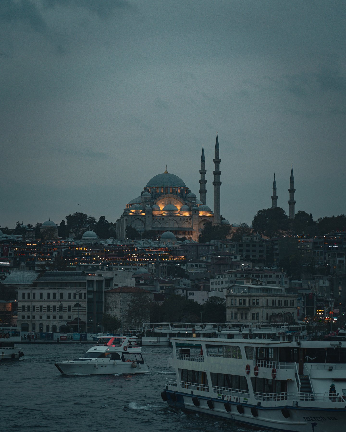 Süleymaniye-Moschee bei Nacht am Bosporus